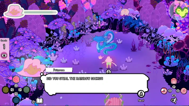 A vibrant scene from the video game Grimoire Groves, featuring a whimsical landscape with colorful flora and a character questioning, Did you steal the rainbow scarf?