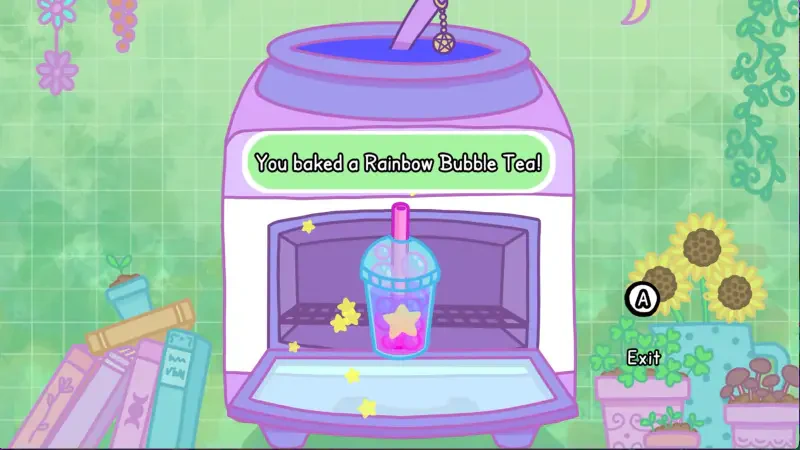 A colorful scene from the video game Grimoire Groves featuring a machine that prepares a Rainbow Bubble Tea, showcasing vibrant graphics and whimsical elements.