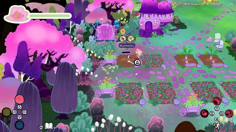 A colorful scene from the video game Grimoire Groves, featuring vibrant pink trees, a whimsical house, and a lush garden with various plants and flowers.