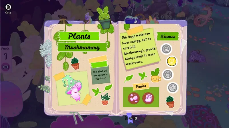 A colorful in-game menu from Grimoire Groves, showcasing the “Mushmomy” plant with descriptions and illustrations, surrounded by various plant icons and decorative elements.