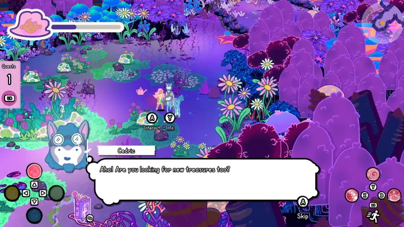 A colorful scene from the video game Grimoire Groves, featuring a whimsical landscape filled with vibrant plants and a character engaging with the player through dialogue.