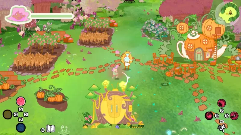 A vibrant scene from the video game Grimoire Groves, featuring a whimsical landscape with colorful plants, a cheerful character, and a cozy, pumpkin-themed house.