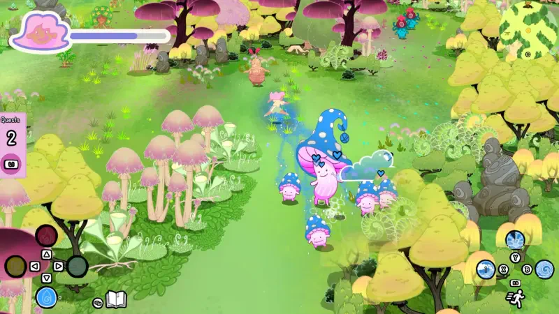 A vibrant scene from the video game Grimoire Groves, featuring whimsical characters, colorful mushrooms, and lush greenery in a magical forest setting.