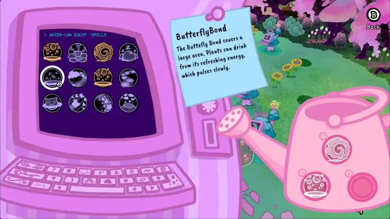 A colorful scene from the video game Grimoire Groves features a pink watering can and a computer screen displaying the Butterfly Band and various icons related to the game.