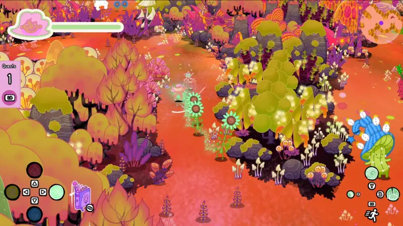 A vibrant landscape from the video game Grimoire Groves, featuring colorful trees, whimsical plants, and a magical atmosphere inviting exploration and adventure.