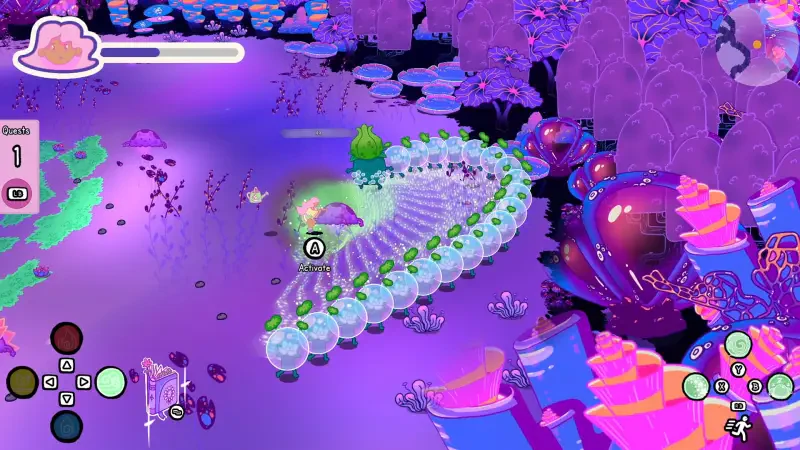 A vibrant scene from the video game Grimoire Groves, featuring colorful landscapes, whimsical creatures, and unique gameplay elements, all set in a mystical, enchanting environment.