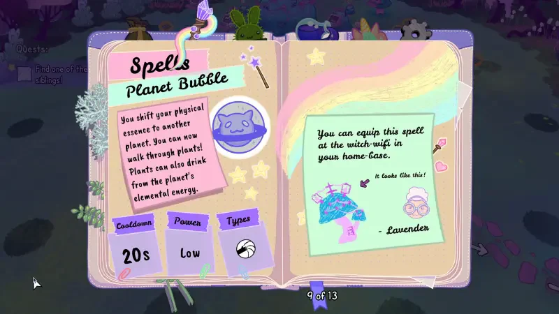 A colorful spellbook from the video game Grimoire Groves showcases the Planet Bubble spell, highlighting details like casting time and spell type, set against a whimsical background.