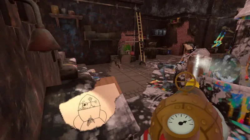 A scene from PowerWash Simulator – Wallace & Gromit Special Pack, featuring a messy interior with cluttered surfaces, a drawing on a paper, and a power washer in the foreground.