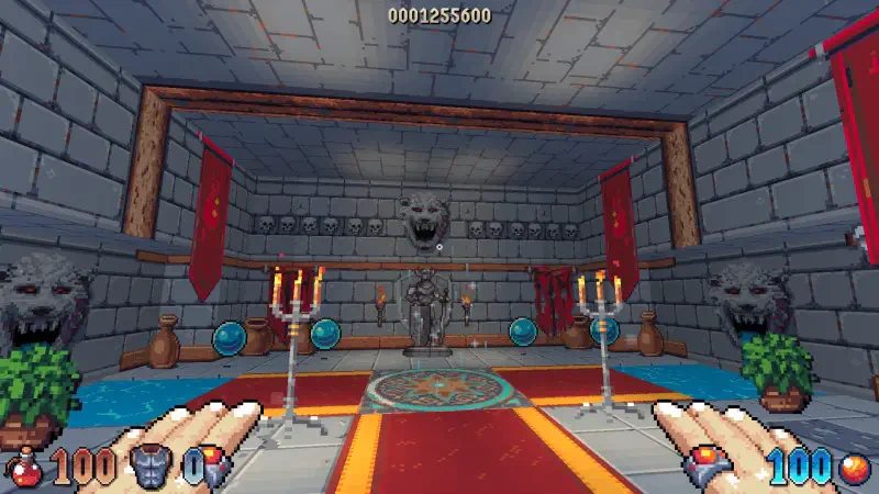 A first-person view inside a stone room from the video game Wizordum, featuring candelabras, a statue, and vibrant decor that adds to the magical atmosphere.