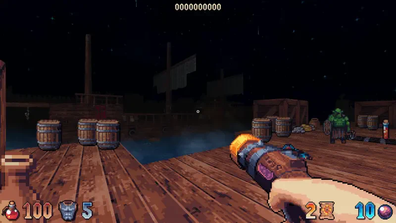 A character points a futuristic weapon towards a dark, murky dock in the video game Wizordum, surrounded by wooden barrels and faintly visible pirate ships in the background.