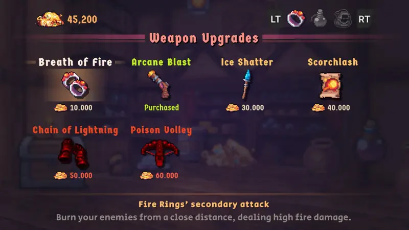 A menu screen from the video game Wizordum showcasing various weapon upgrades, including Breath of Fire, Arcane Blast, and Poison Volley, with respective costs and details.