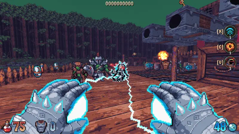 A scene from the video game Wizordum, featuring a character wielding electrifying gloves, confronting enemies amidst a wooden platform and scattered magical objects.