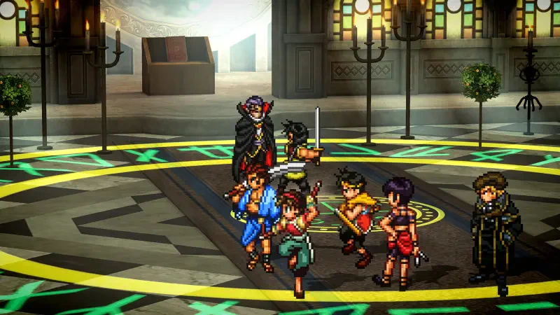 A scene from Suikoden I&II HD Remaster, featuring characters engaged in a dramatic moment during the Gate Rune and Dunan Unification Wars, set in a richly detailed environment.