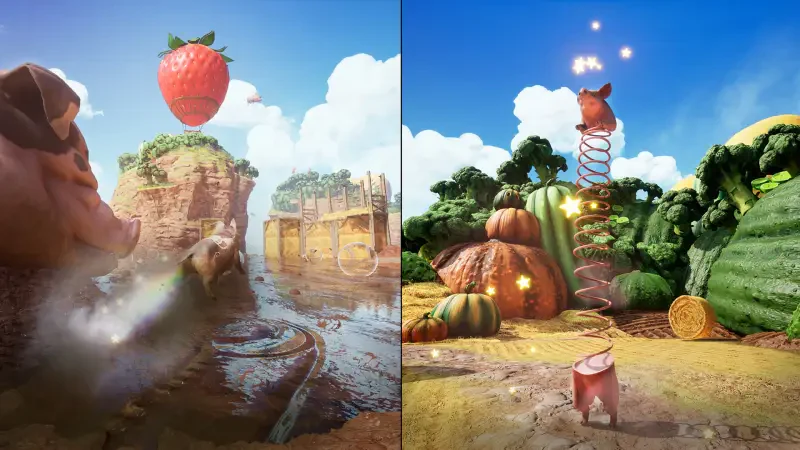 A vibrant split-screen from the video game Split Fiction, featuring surreal landscapes with floating fruit and whimsical vegetable-based elements under a bright blue sky.