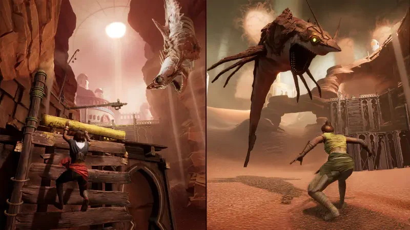 A dynamic scene from the video game Split Fiction, featuring a character navigating a rugged environment on the left, while facing a menacing creature on the right.