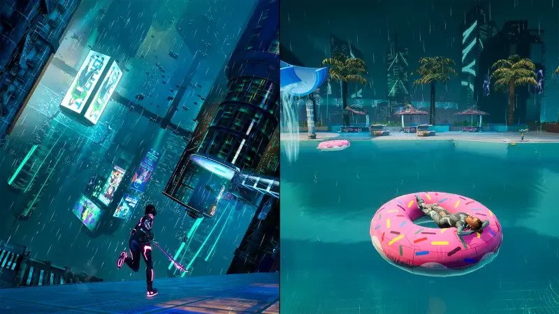 A vibrant split-screen scene from the video game Split Fiction, showcasing a rain-soaked urban environment on the left and a colorful, tropical pool setting on the right.