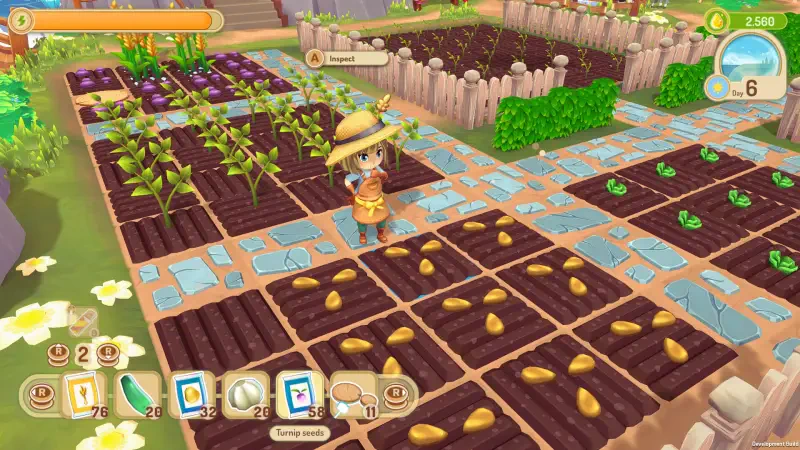 A character in Sugardew Island cultivates a vibrant farm, showcasing rows of crops and a cozy layout, emphasizing the charm of this engaging video game.