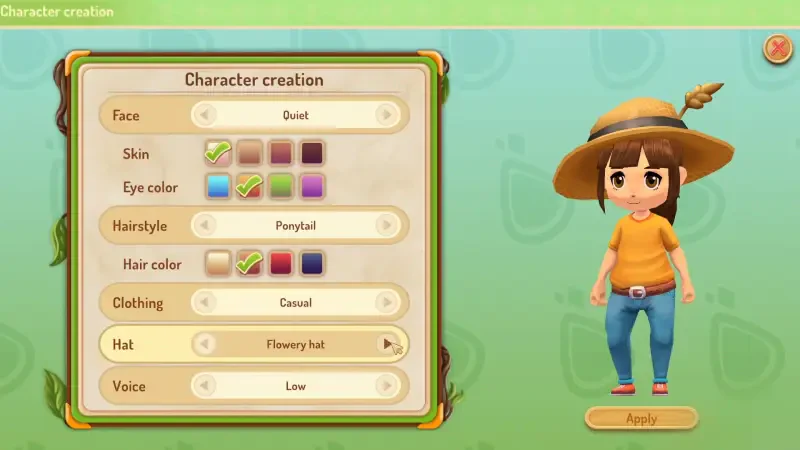 Character creation screen from Sugardew Island, showcasing options for face, skin, eye color, hairstyle, clothing, and accessories for a cozy farming experience.