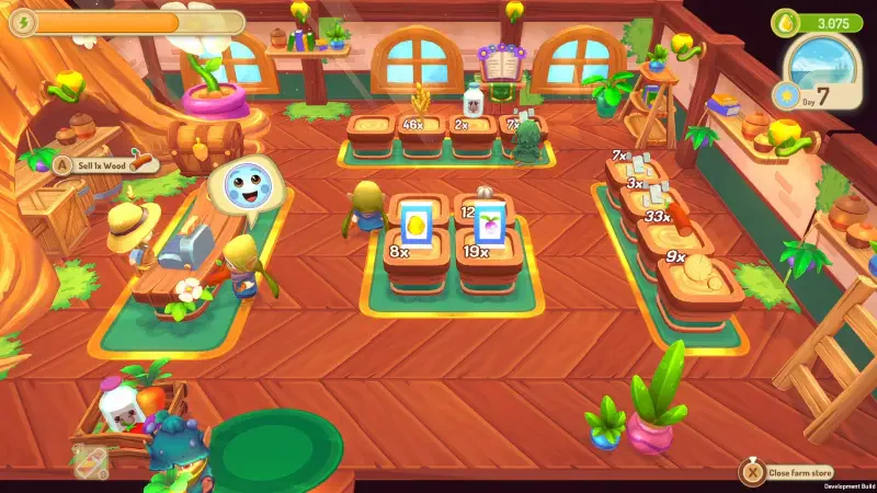 A vibrant scene from Sugardew Island - Your Cozy Farm Shop, featuring cheerful characters in a colorful shop filled with plants and bustling activity, showcasing a variety of items for sale.