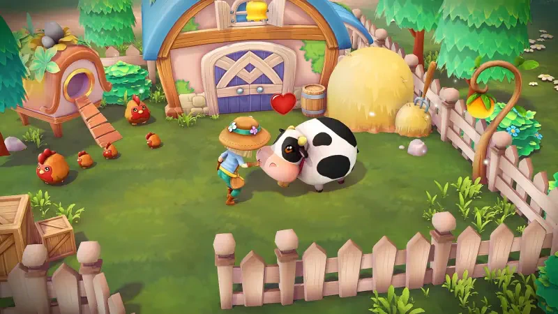 A player interacts with a cow in a vibrant farm setting on Sugardew Island, surrounded by trees, chickens, and a charming barn, showcasing the cozy atmosphere of the game.
