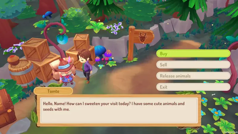 A vibrant scene from the video game Sugardew Island, featuring a character at a cozy farm shop inviting players to buy animals and seeds amidst a lush, colorful environment.