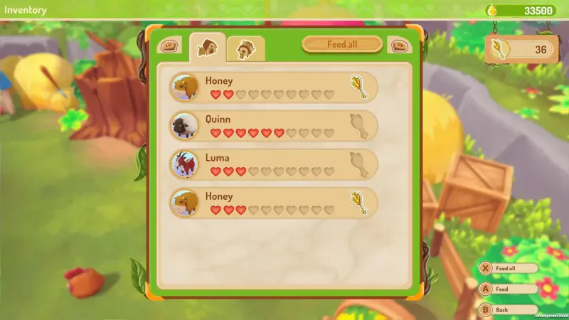 Screenshot from Sugardew Island showing an inventory screen with a list of farm animals, their names (Henry, Quinn, Laura), and heart ratings indicating their happiness.