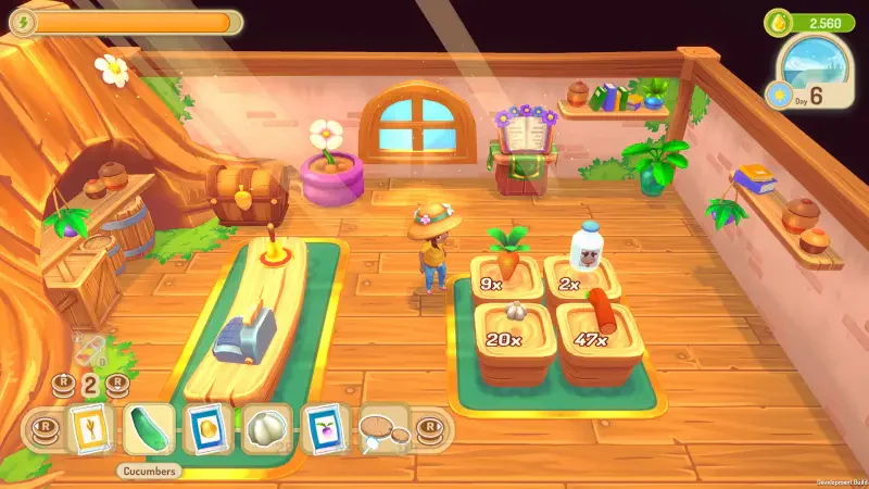 A cozy farm shop in Sugardew Island, featuring a wooden interior, vibrant plants, and a character surrounded by colorful produce like carrots and milk, ready for a fun gaming experience.