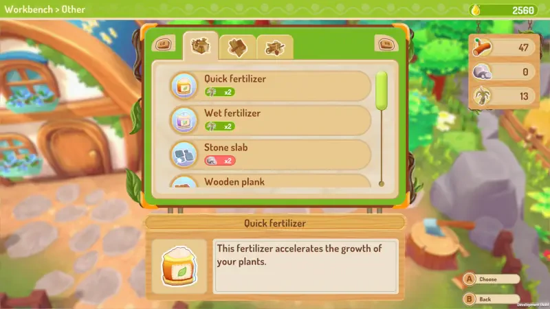 Interface from Sugardew Island, showcasing various crafting options, including quick fertilizer, wet fertilizer, and building materials like wooden planks and stone slabs.
