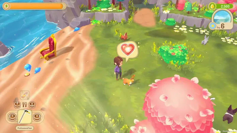 A colorful scene from Sugardew Island features a character interacting with a fox, surrounded by vibrant flowers and a sandy beach, capturing the essence of a cozy farm shop.