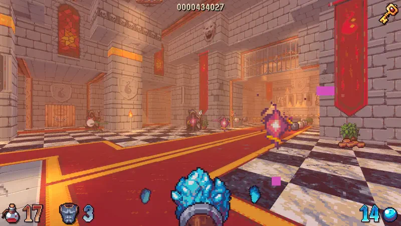A vibrant scene from the video game Wizordum, showcasing a character wielding a magical weapon in a richly decorated stone castle with colorful gems and enemies in the distance.
