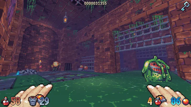A vibrant in-game scene from Wizordum, showcasing colorful, blocky graphics with a character's hands reaching out over a slime-covered floor in a cavernous, dungeon-like setting.