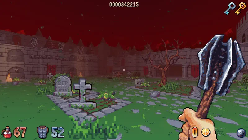 A first-person view in the video game Wizordum, showcasing a spooky graveyard with a red sky, gravestones, a gnarled tree, and an armed character ready for action.