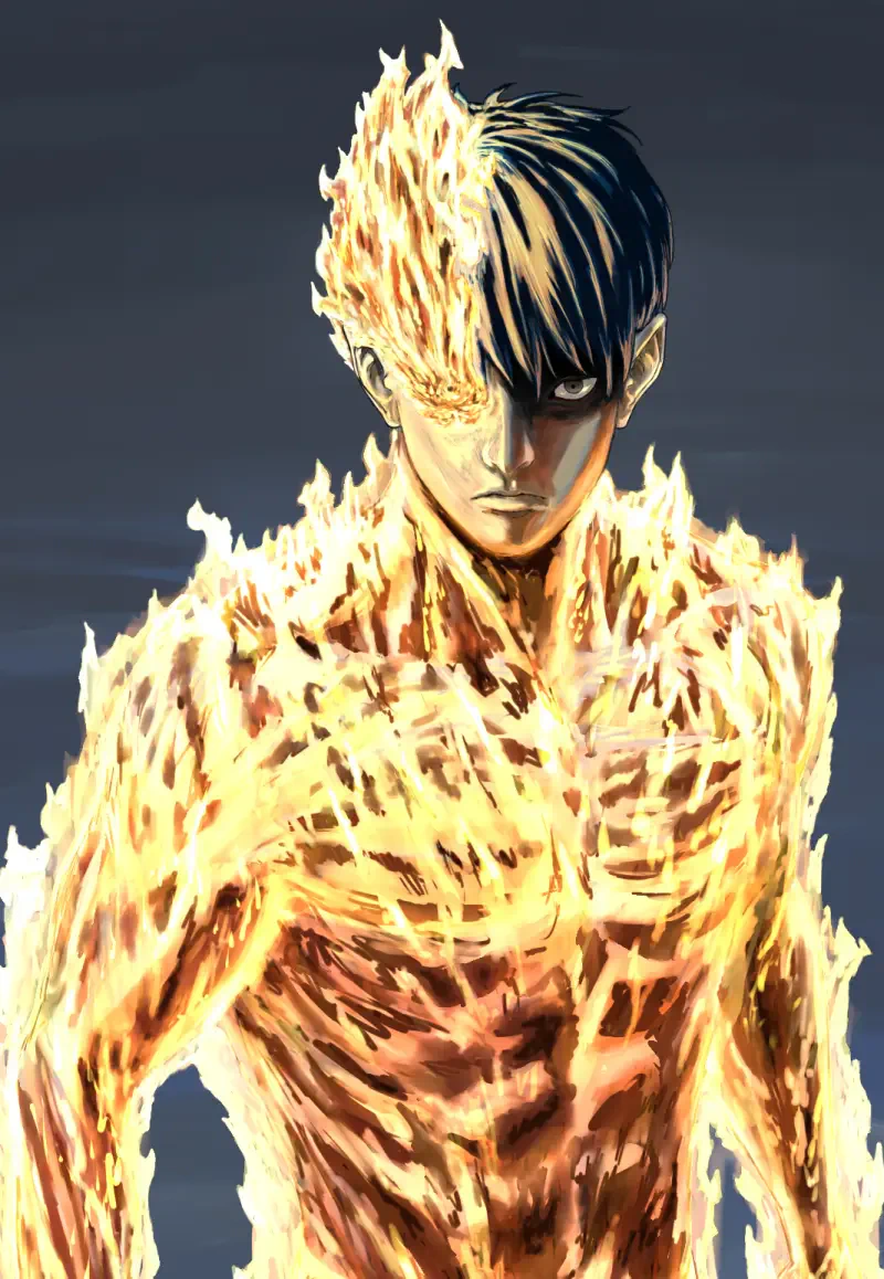 A striking image of Agni from the manga Fire Punch, depicted with flames consuming half of his body, showcasing a powerful and intense expression.