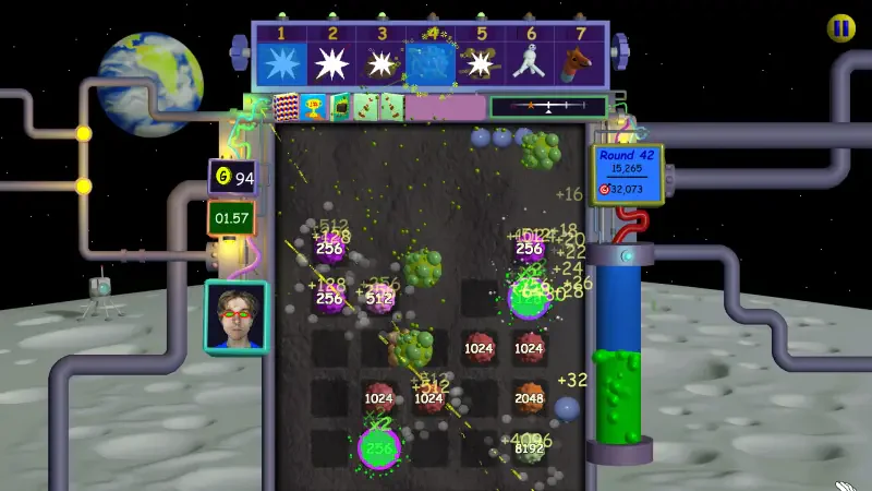 A vibrant scene from the video game Nubby's Number Factory, featuring colorful gameplay elements and dynamic interactions set against a lunar backdrop.