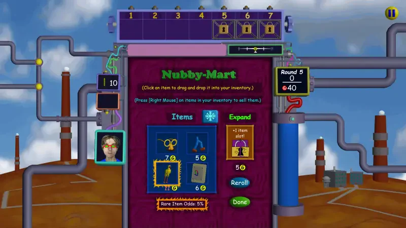 Screenshot from the video game Nubby's Number Factory, showing the Nubby-Mart interface with items and inventory options. Colorful display with game resources and playful graphics.