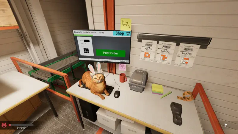 A workspace in the video game Order 13 features a computer displaying a Print Order button, alongside a cute animal figure, paperwork, and office supplies scattered on the desk.