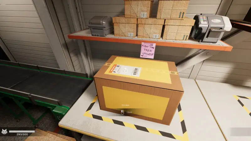 A detailed scene from the video game Order 13, featuring a foreground box with a shipping label, surrounded by stacked packages and office equipment on a worktable.