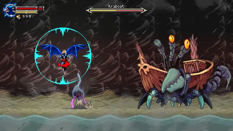 A dramatic scene from the video game Beyond the Ice Palace 2, depicting a fierce battle between a character wielding magic and a large, monstrous crab-like enemy.