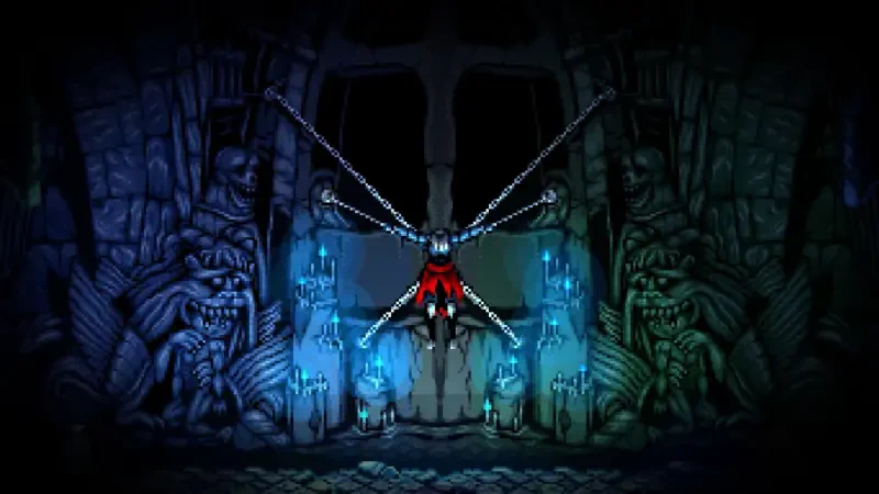 A character in a red outfit swings amidst ornate, icy stone carvings in a dark setting from the video game Beyond the Ice Palace 2, creating a moody, adventurous atmosphere.