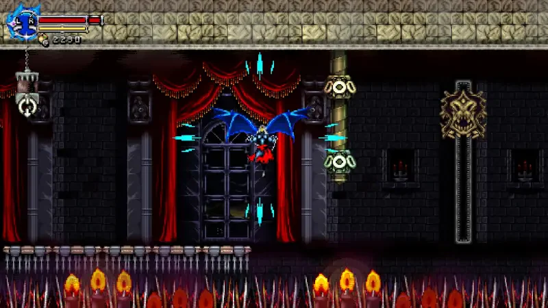 A scene from the video game Beyond the Ice Palace 2, featuring a character flying with bat-like wings amidst dark, gothic architecture and ominous traps.