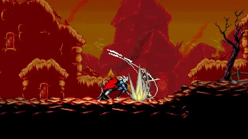 A character battles a menacing foe amidst a fiery landscape in the video game Beyond the Ice Palace 2, showcasing vibrant colors and dynamic action.