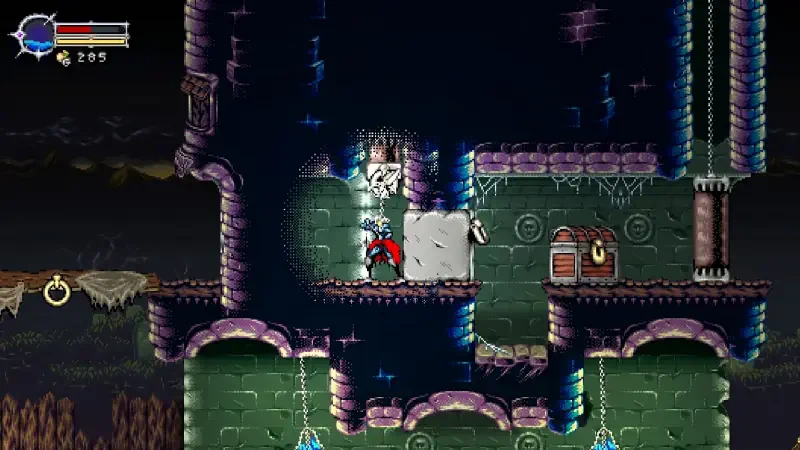 A character navigates a dimly lit dungeon in *Beyond the Ice Palace 2*, pushing a block near treasure chests and illuminated areas, emphasizing gameplay mechanics and exploration.