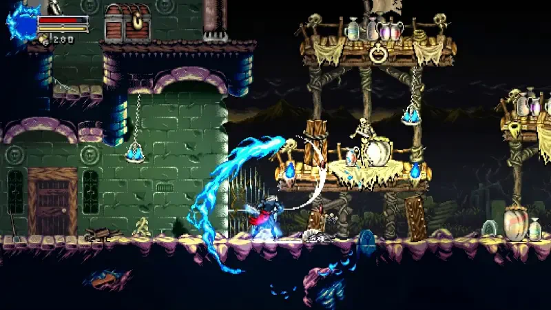 A character engages in combat within a detailed, vibrant scene from the video game Beyond the Ice Palace 2, featuring imaginative architecture and various magical elements.