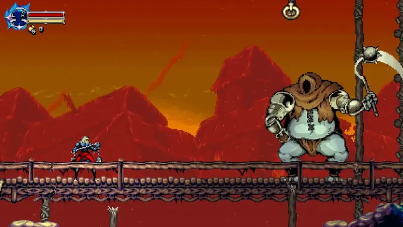 A scene from the video game Beyond the Ice Palace 2, featuring a character facing a towering enemy on a wooden bridge, set against a fiery red mountainous background.