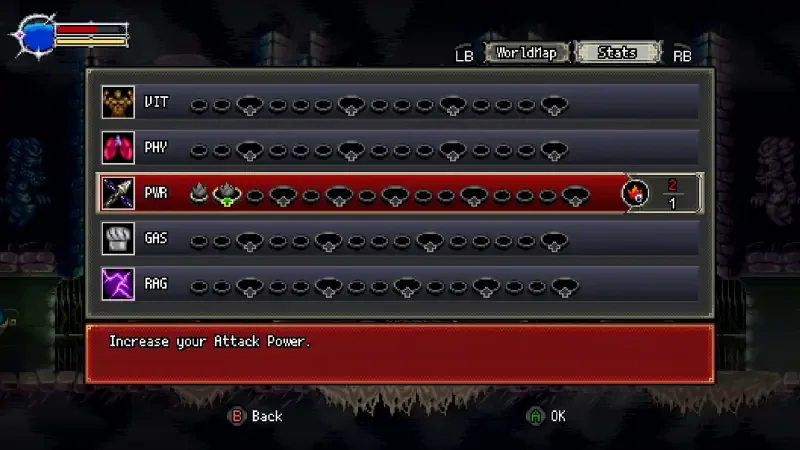 A menu screen from the video game Beyond the Ice Palace 2, displaying options to enhance attack power and various character abilities with a selection interface.