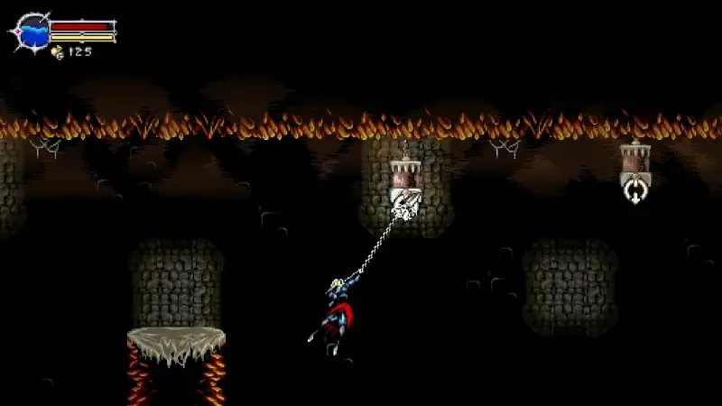 A character swings on a grappling hook above fiery obstacles in a dark, stone dungeon, showcasing gameplay from the video game Beyond the Ice Palace 2.