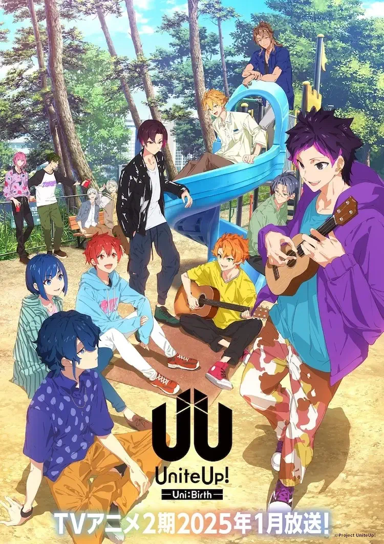 A vibrant scene from the anime UniteUp! Uni:Birth, featuring a group of colorful characters enjoying a playful day outside, with a slide and musical moments. 2025 airing announced.