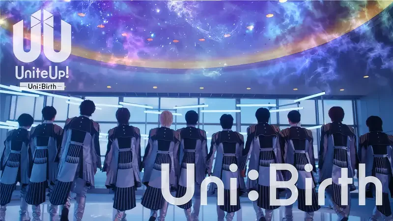 A group of characters from the anime UniteUp! Uni:Birth stand together, facing a vibrant cosmic backdrop that fills the ceiling, showcasing their unity and determination.