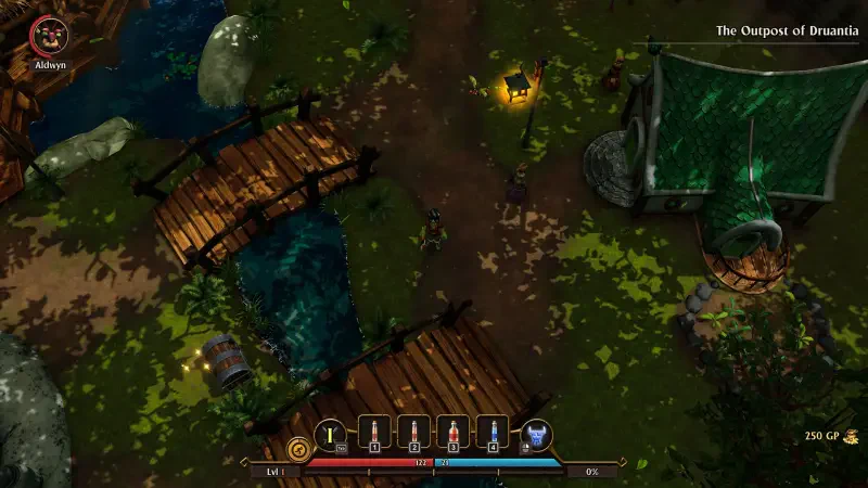 Aerial view of a vibrant game scene from FATE: Reawakened, showcasing wooden bridges, a flowing stream, and a campsite amidst lush greenery.