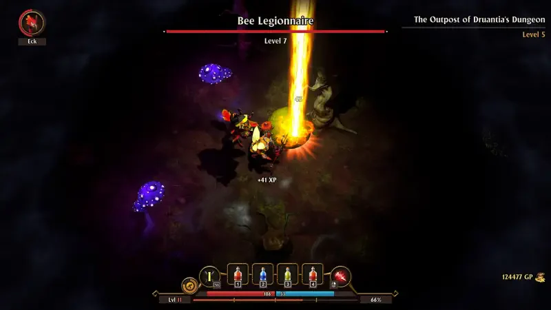 A character battles the Bee Legionnaire in FATE: Reawakened, showcasing vibrant graphics and action-packed gameplay within a dark dungeon setting.